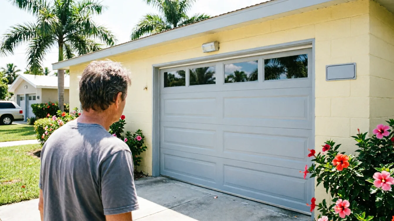 A man stands in front of a light gray garage door with windows.
