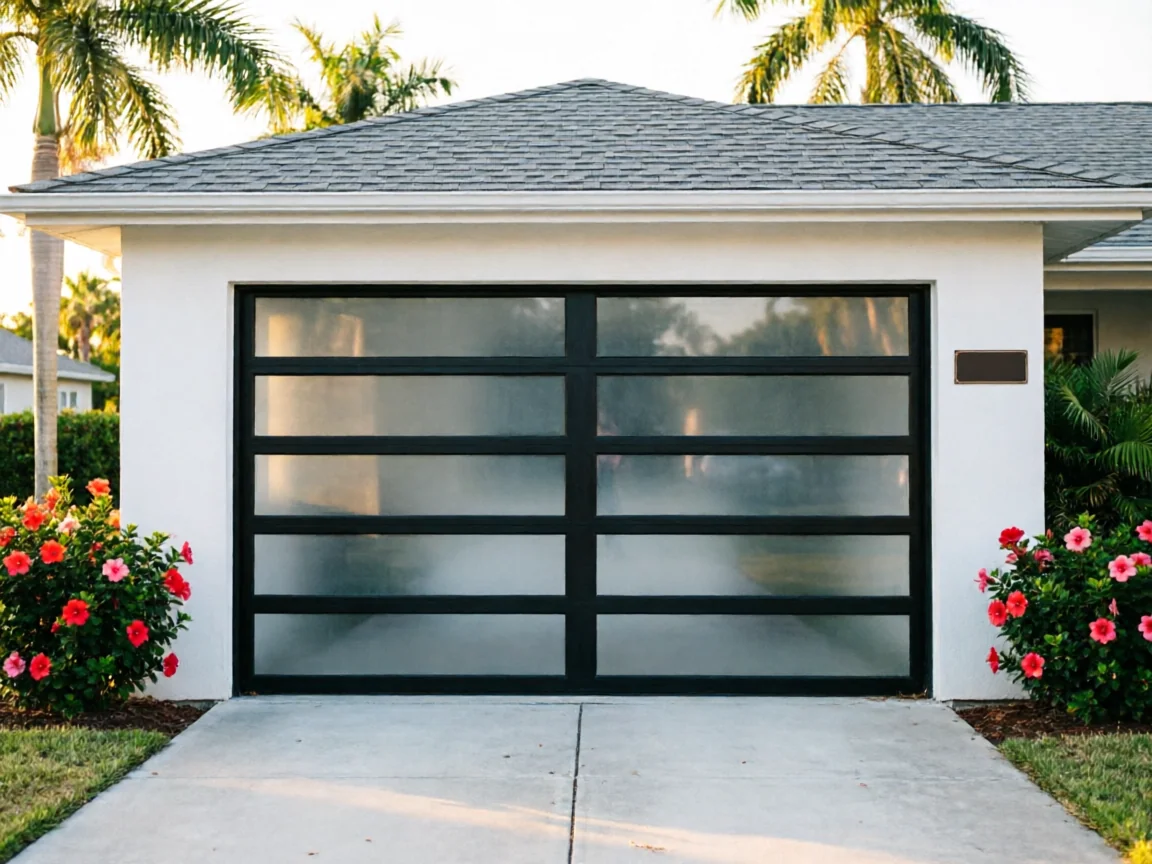 A modern black garage door with frosted glass panels on a white house.