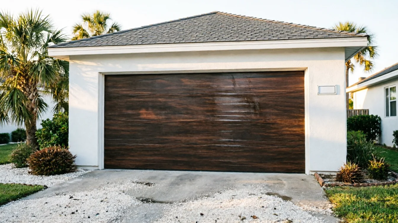 A white house has a dark brown garage door with a concrete driveway.