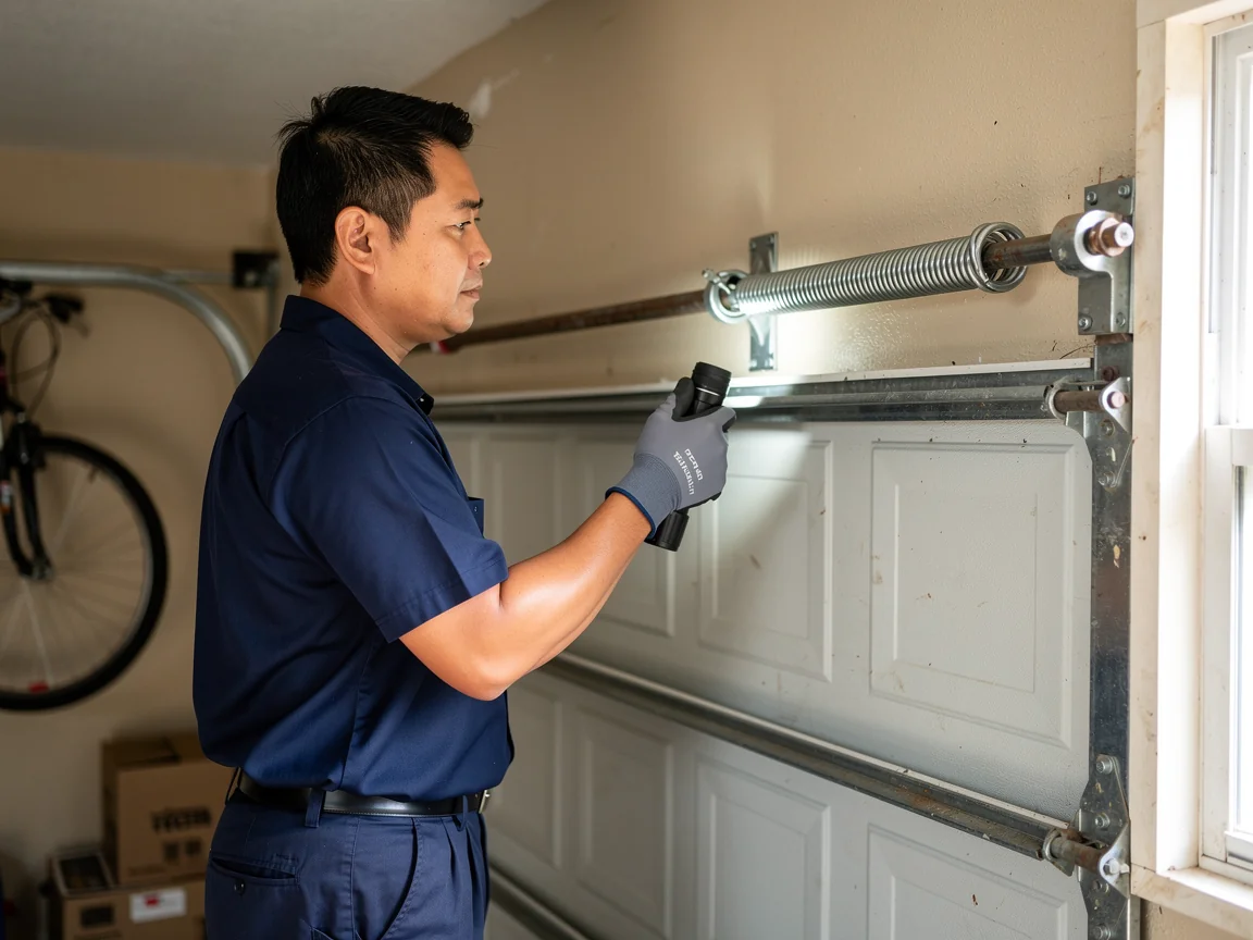 A technician shines a flashlight on a garage door torsion spring.