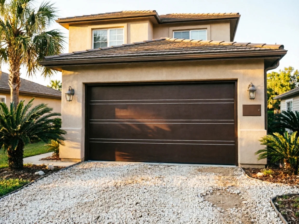The garage door is brown with horizontal white lines on a tan house.