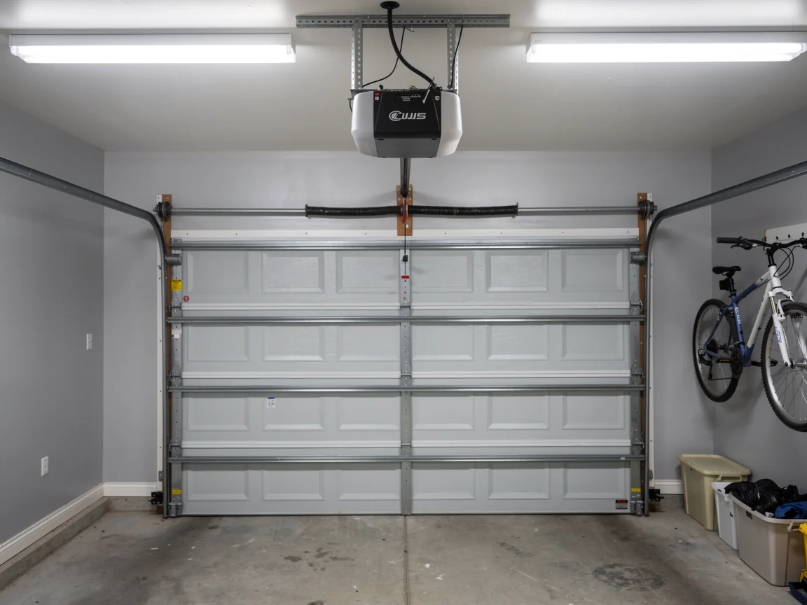 A white garage door is closed, with an opener and two bicycles visible.