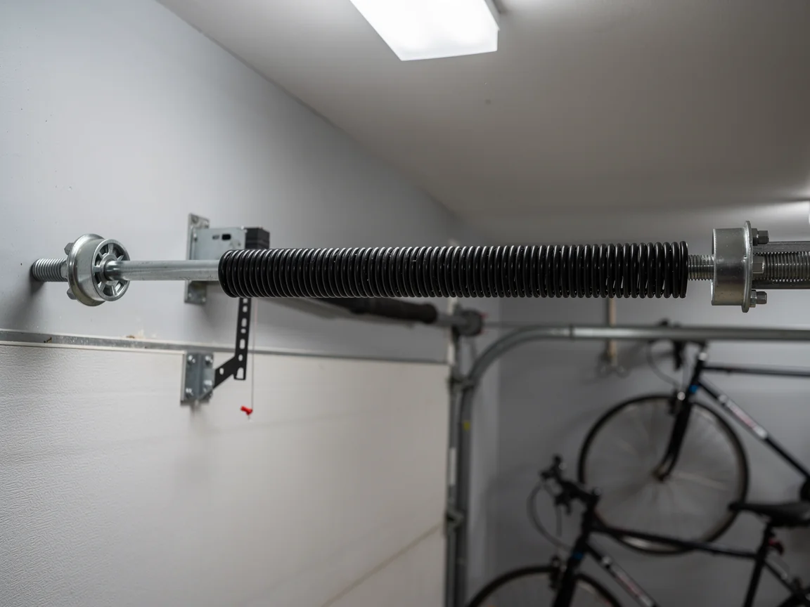 A black torsion spring is mounted above a white garage door.