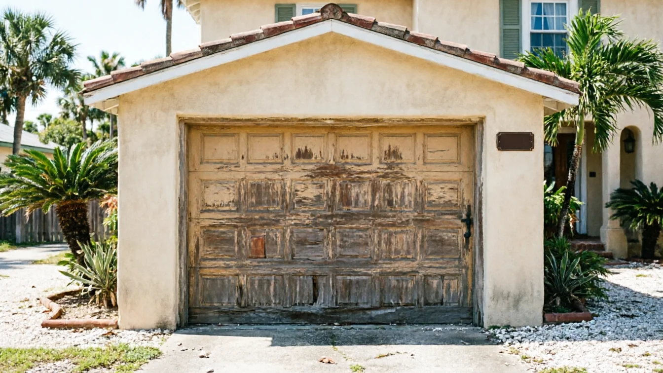 The weathered wooden garage door has peeling paint and a missing panel.