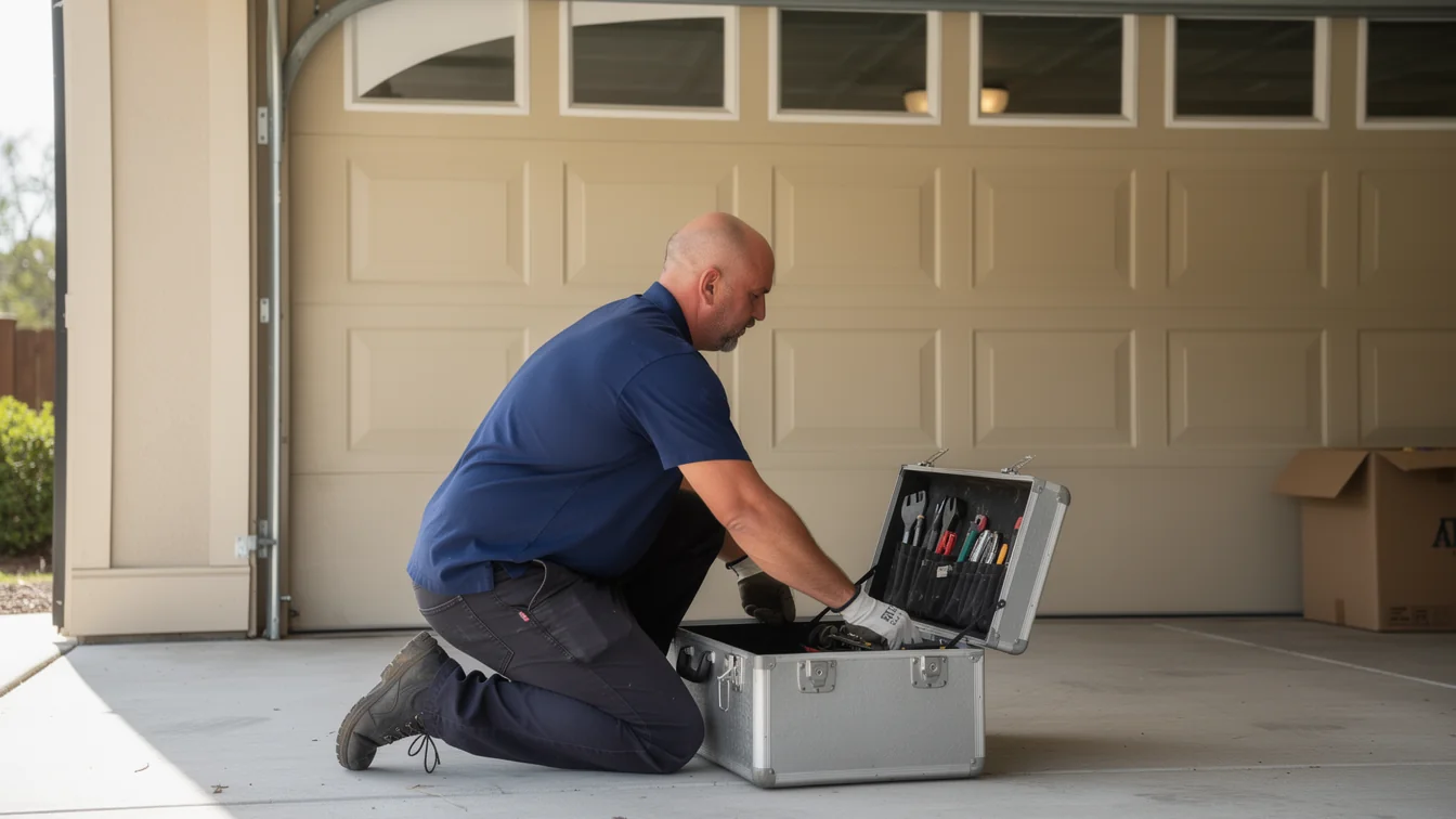 A technician kneels by an open toolbox in front of a beige garage door.